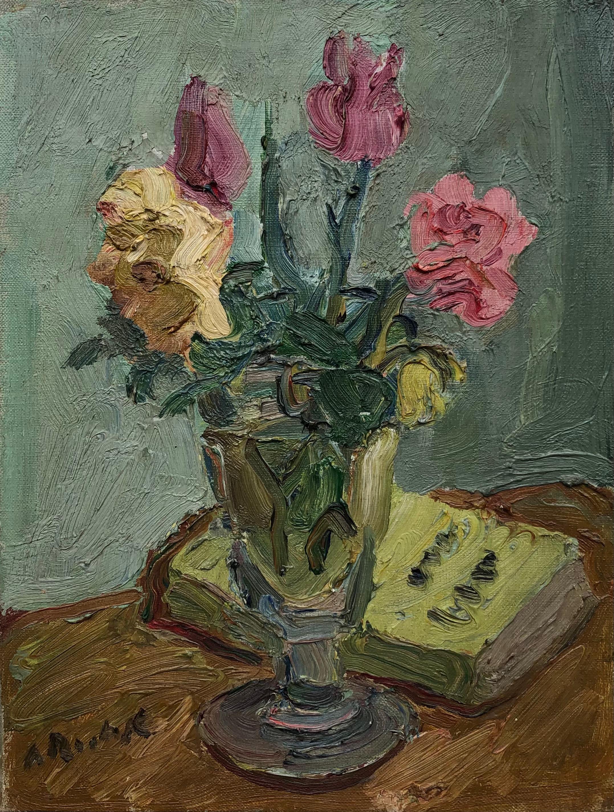 Landscape Painting Alexandre Rochat - Bouquet de fleurs et vase en verre