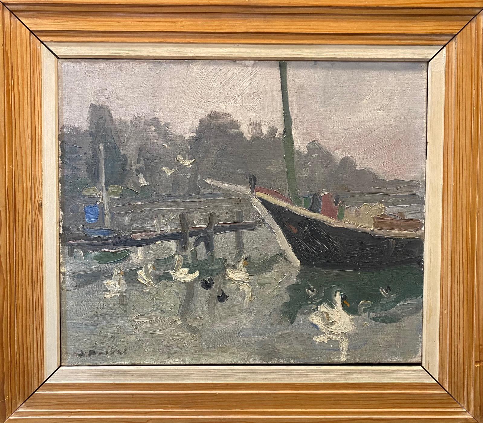 The swans by Alexandre Rochat - Oil on canvas 55x45 cm For Sale 1