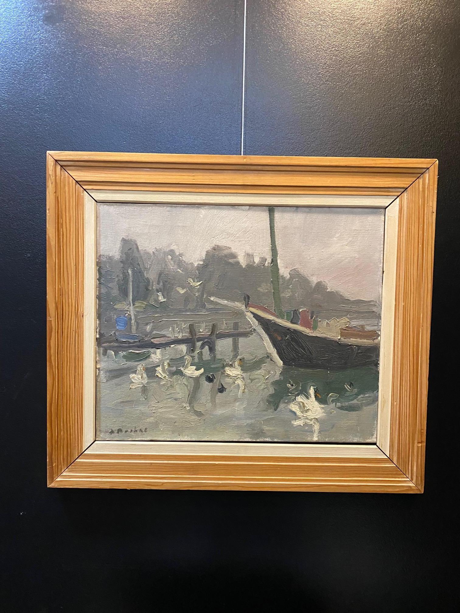 The swans by Alexandre Rochat - Oil on canvas 55x45 cm For Sale 6