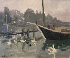 Vintage The swans by Alexandre Rochat - Oil on canvas 55x45 cm
