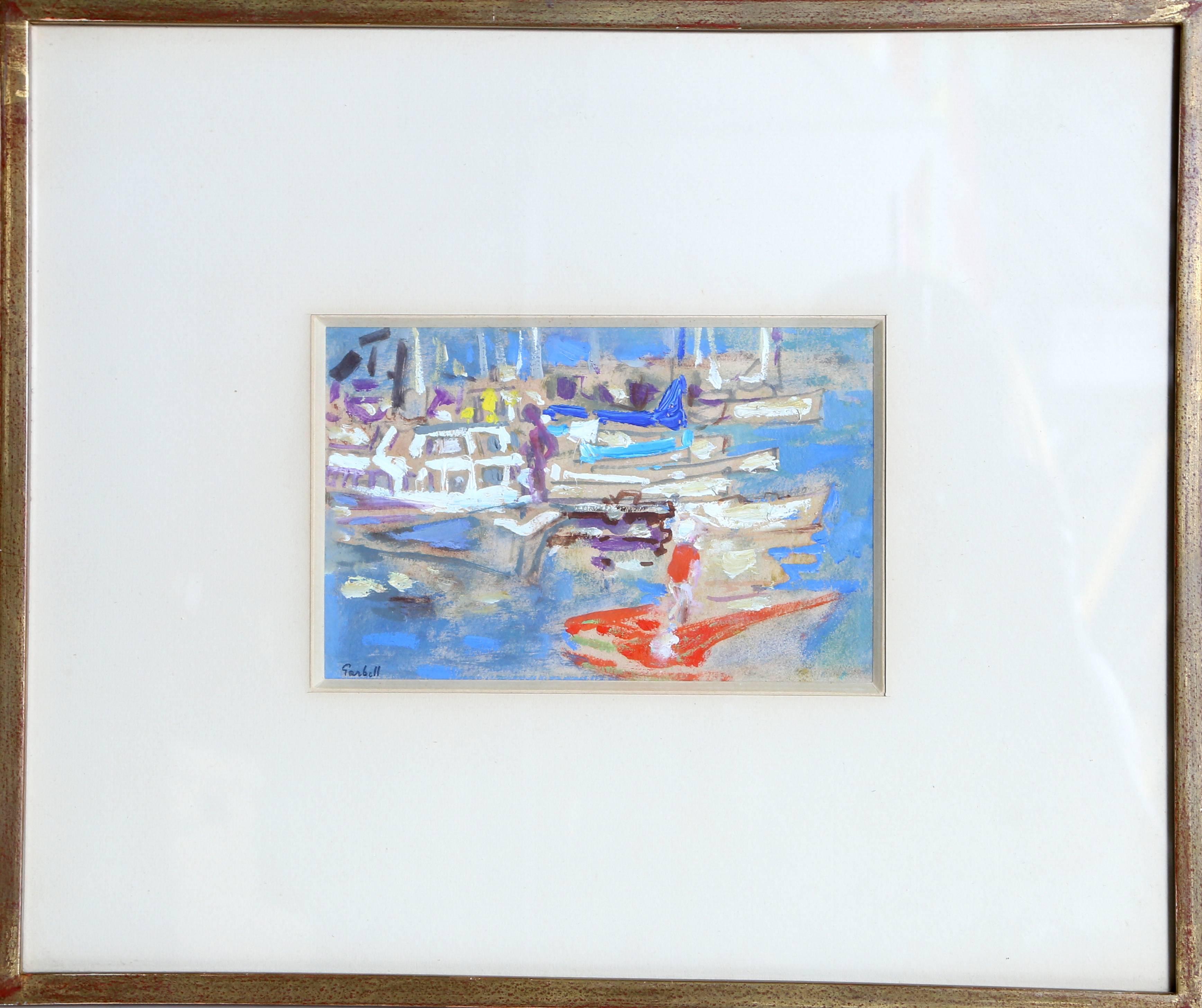 Boats in Harbor, Signed 1950's Gouache Painting by Alexandre Sacha Garbell