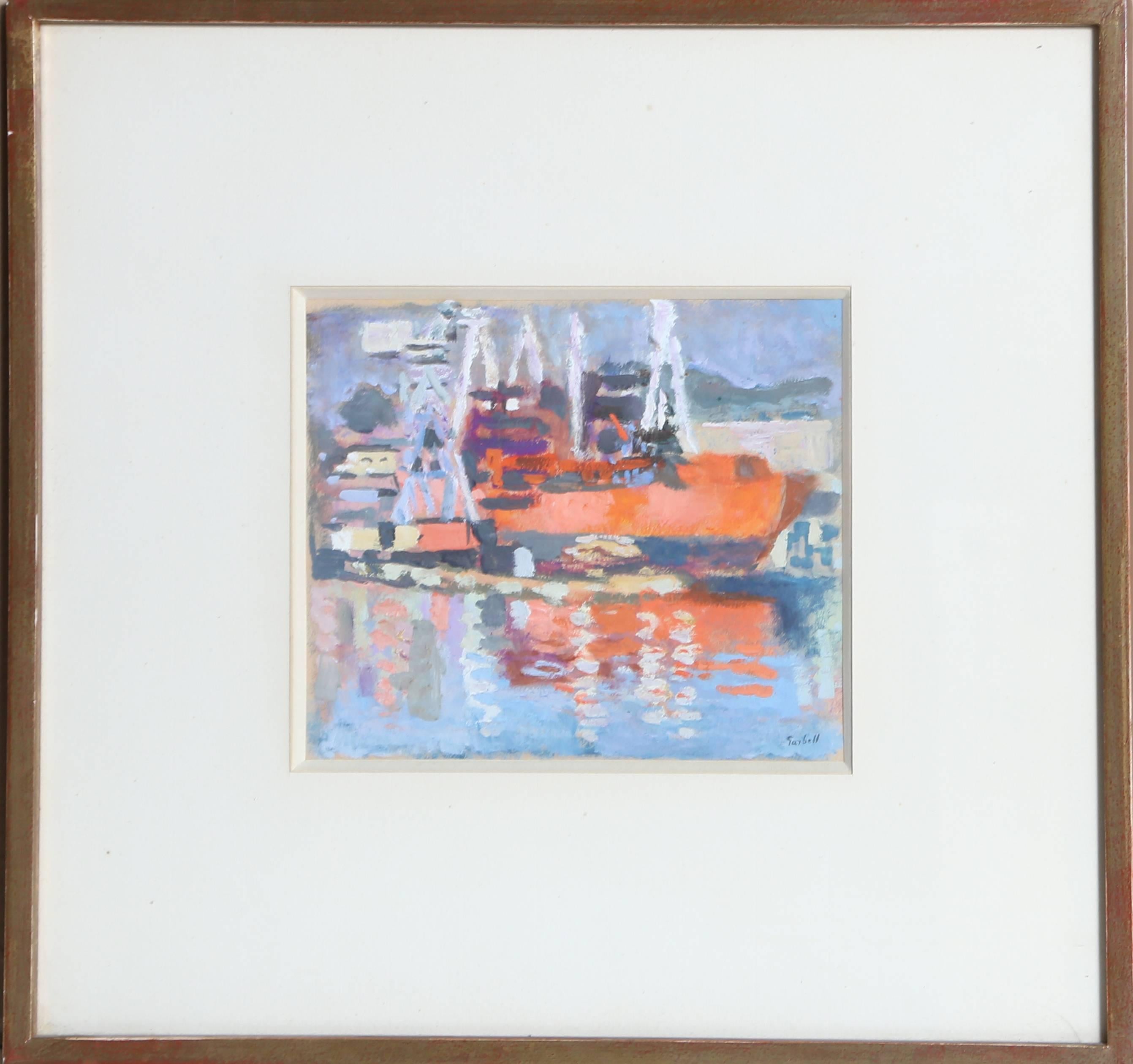 Orangefarbenes Schiff im Hafen, Gouache-Gemälde von Alexandre Sacha Garbell, 1950er Jahre im Angebot 1