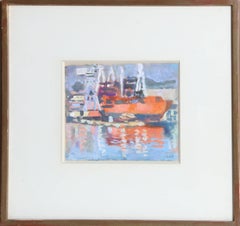 Ship Orange in Harbor, peinture à la gouache d'Alexandre Sacha Garbell des années 1950