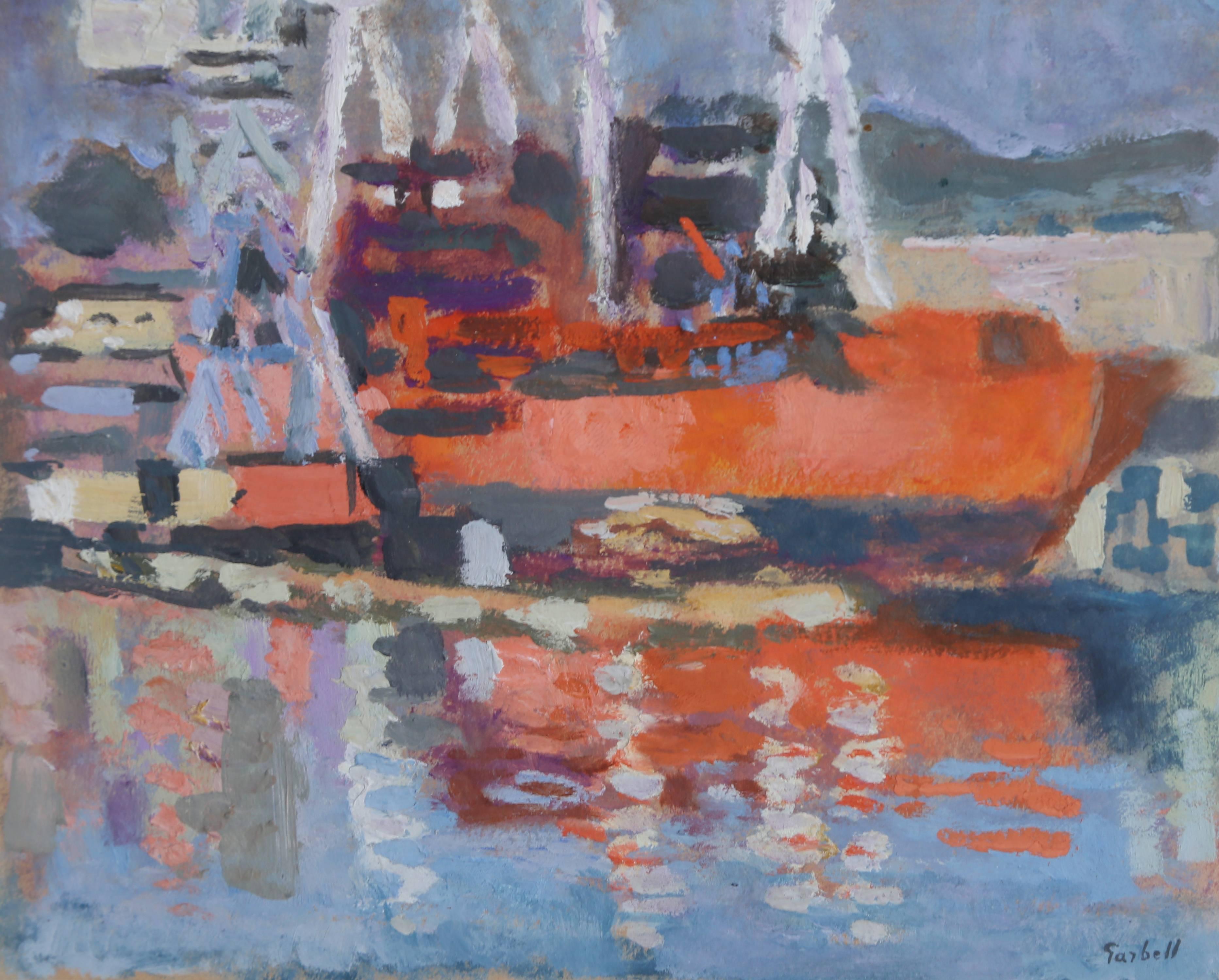 Orange Ship in Harbor, 1950's Gouache Painting by Alexandre Sacha Garbell