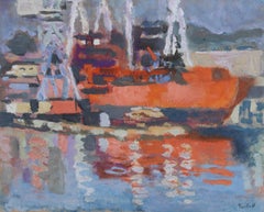 Orangefarbenes Schiff im Hafen, Gouache-Gemälde von Alexandre Sacha Garbell, 1950er Jahre