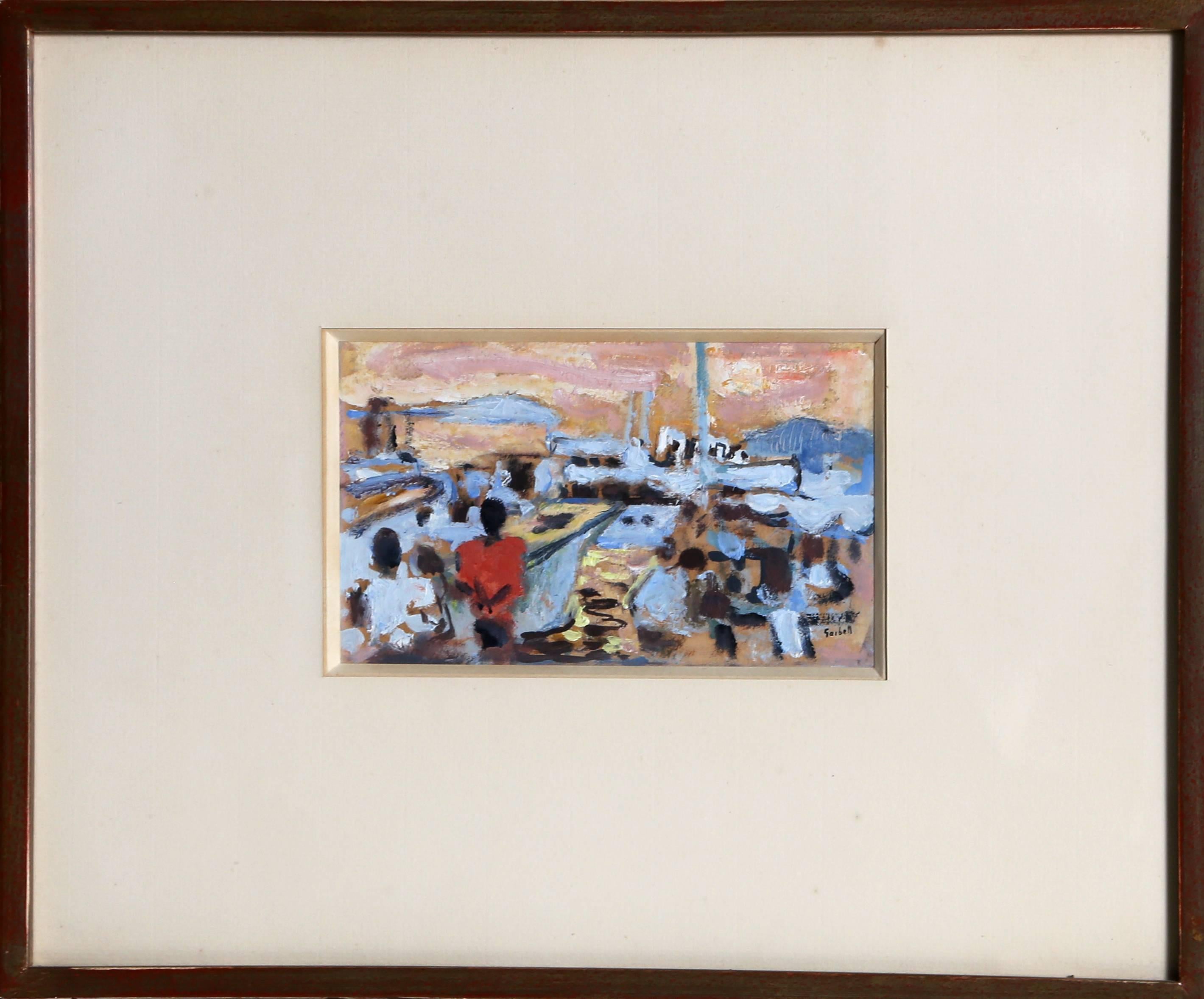 Künstler: Alexandre Sacha Garbell, Franzose (1903 - 1970)
Titel: St. Maxime
Jahr: ca. 1958
Medium: Gouache auf Papier, signiert 
Bildgröße: 4 x 7 Zoll
Rahmengröße: 12,5 x 15,25 Zoll
