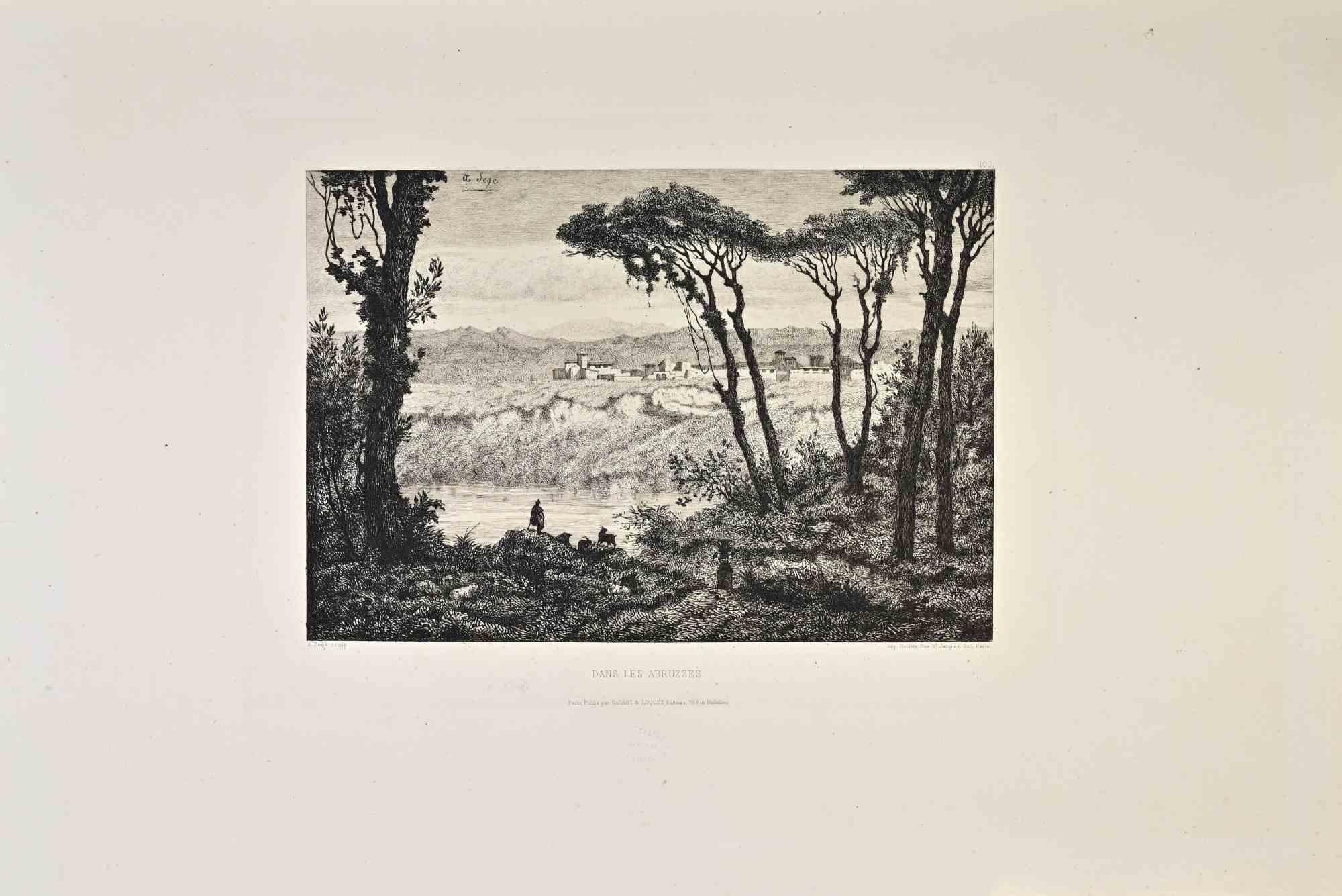 Dans les Abruzzes is a black and white etching realized by Alexandre Segé (1819-1885) in 1870s.

Titled in the lower.

Image size: 27cmx18.5cm.

Very Good condition.

Signed in the plate in the upper left.

Realized by Cadart for the "Société des