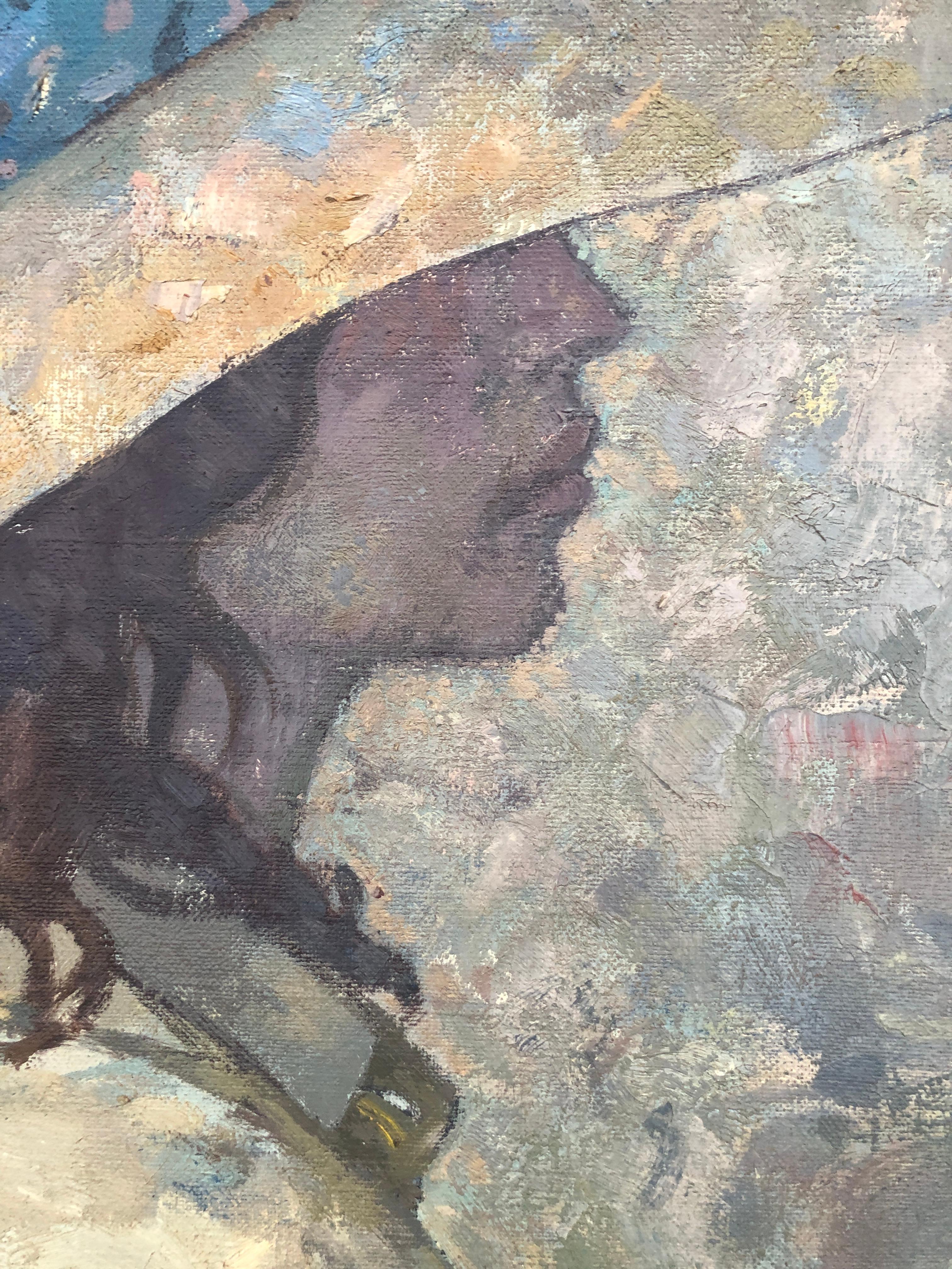 donna con cappello di profilo olio su tela ritratto - Figurative Painting Grigio di Alexandre Siches