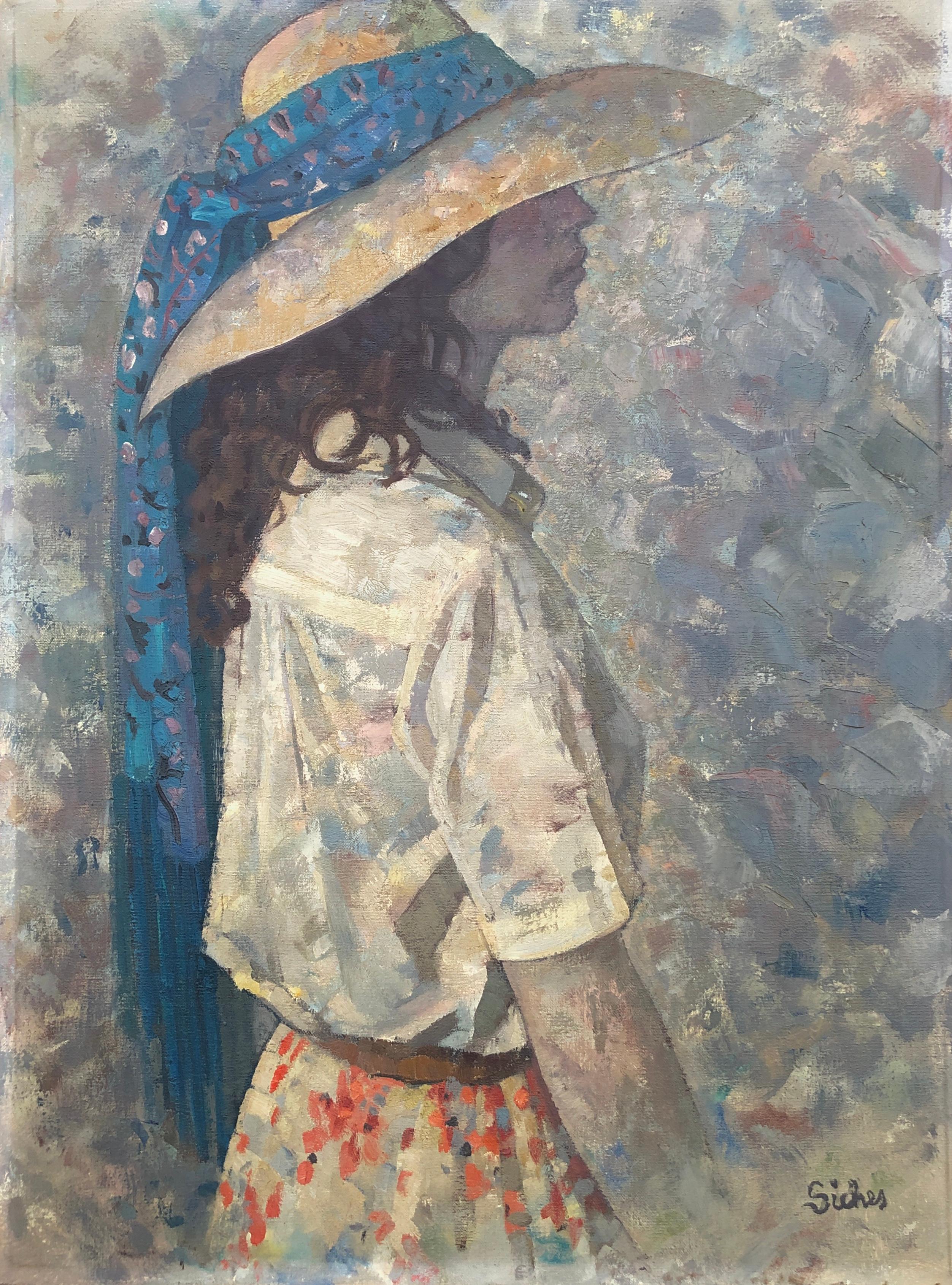Figurative Painting di Alexandre Siches - donna con cappello di profilo olio su tela ritratto