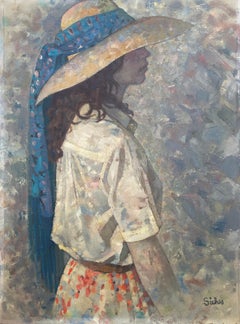 mujer con sombrero de perfil óleo sobre lienzo pintura retrato