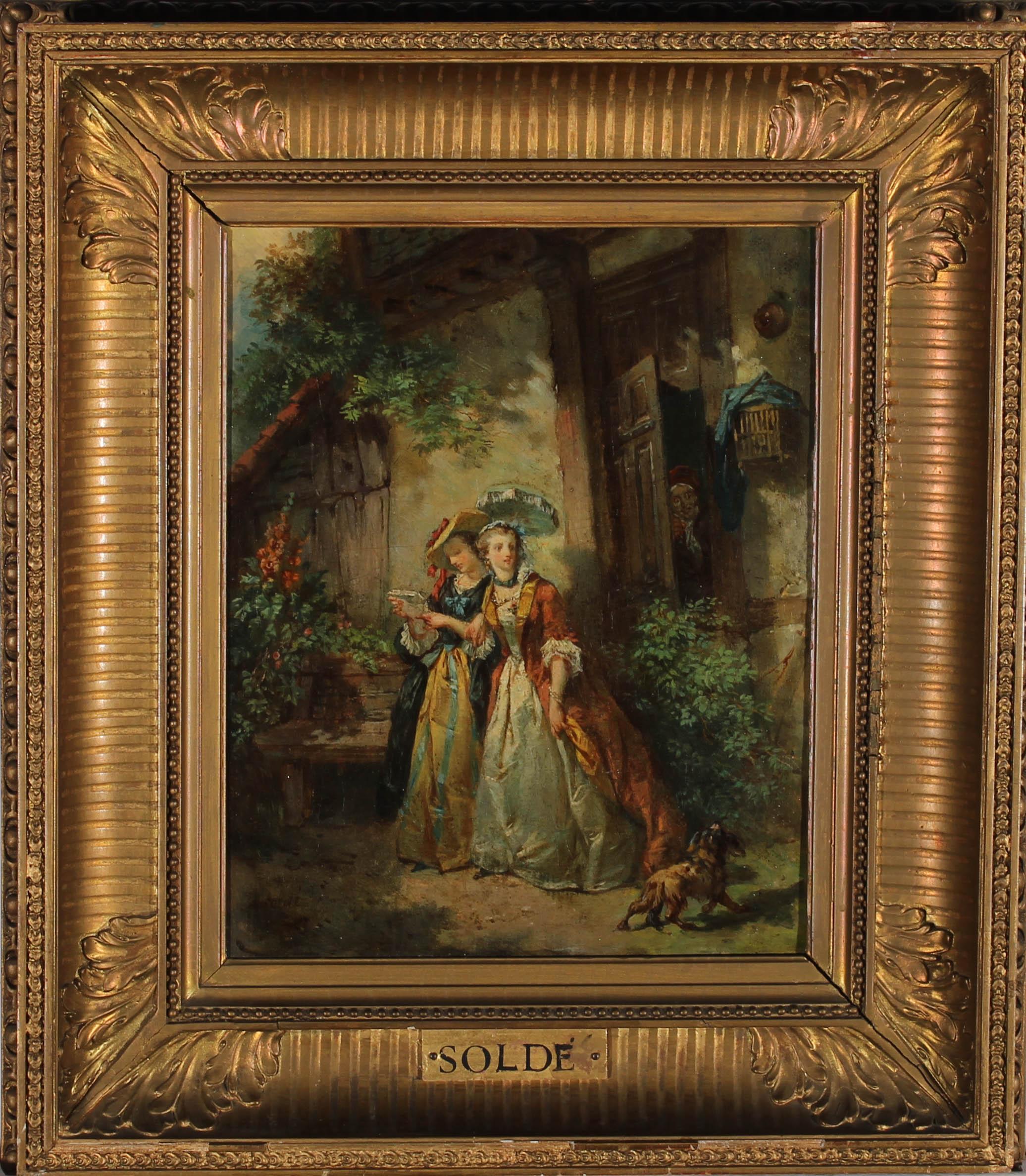 An exquisite example of the work of French genre scene painter, Alexandre Soldé (1822–1893). The scene shows two ladies of society, dressed in elegant attire of the late 18th Century. They are strolling past a ramshackle, cottage with their dog. An