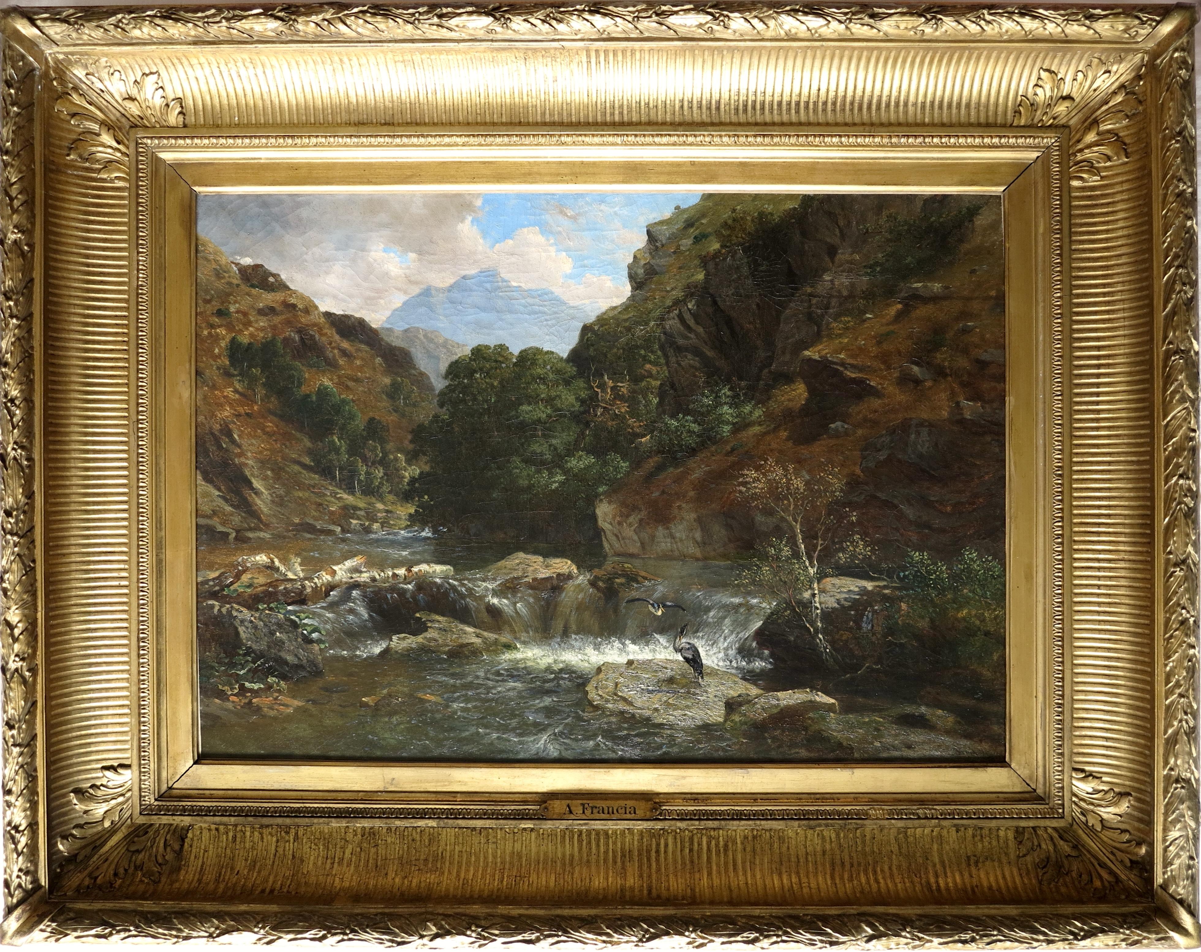 Figurative Painting Alexandre Thomas FRANCIA - Hérons près d'une cascade, probablement en Écosse