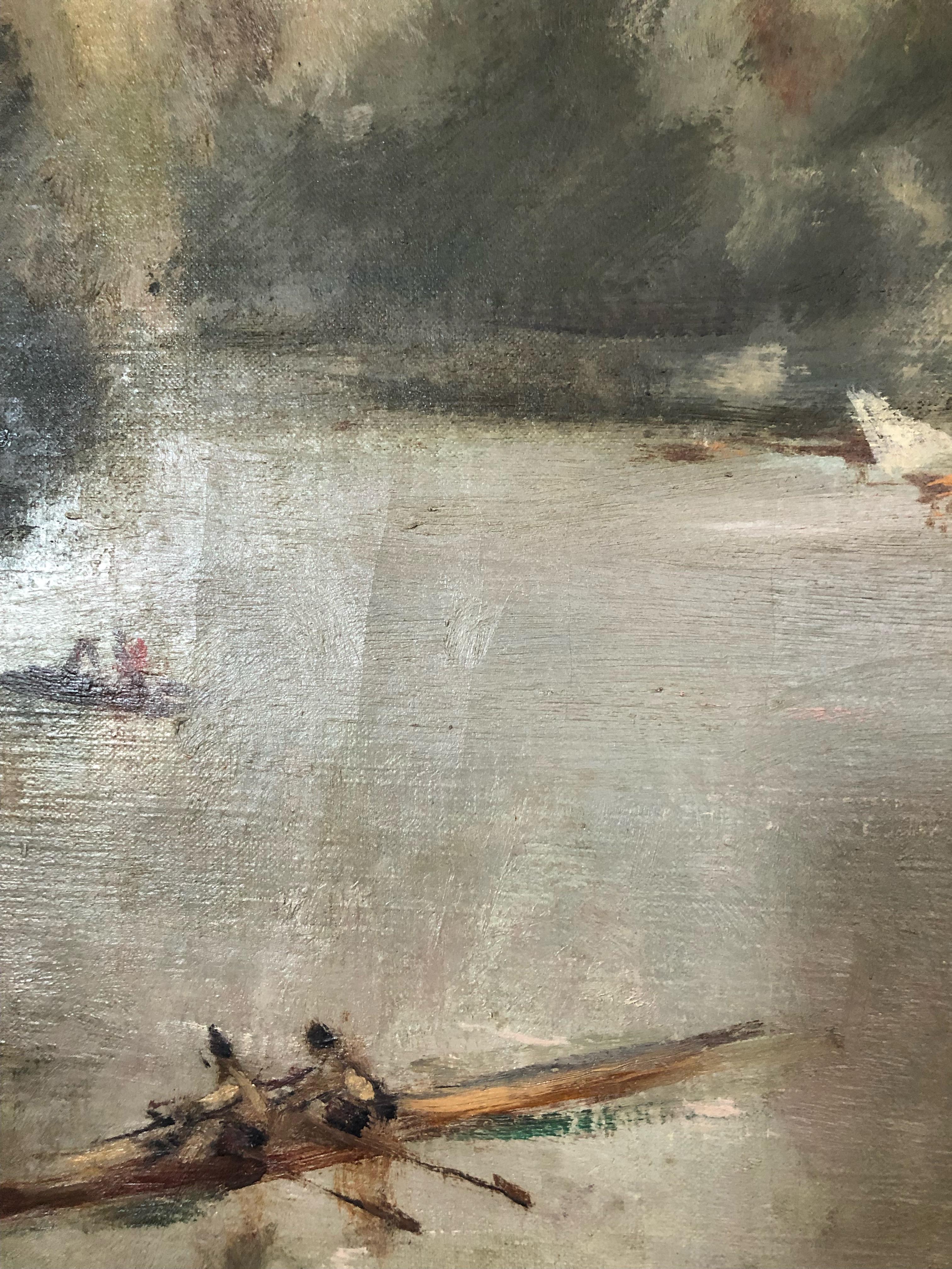 Les Plaisirs de la Riverie, regatta boating - Impressionist Painting by Alexandre Urbaine