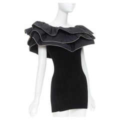 ALEXANDRE VAUTHIER 2024 black ribbed velour knit crystal trim ruffle mini dress