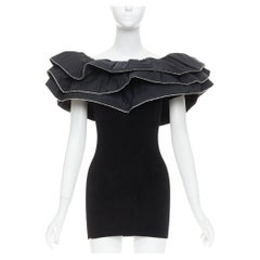 ALEXANDRE VAUTHIER 2024 black ribbed velour knit crystal trim ruffle mini dress