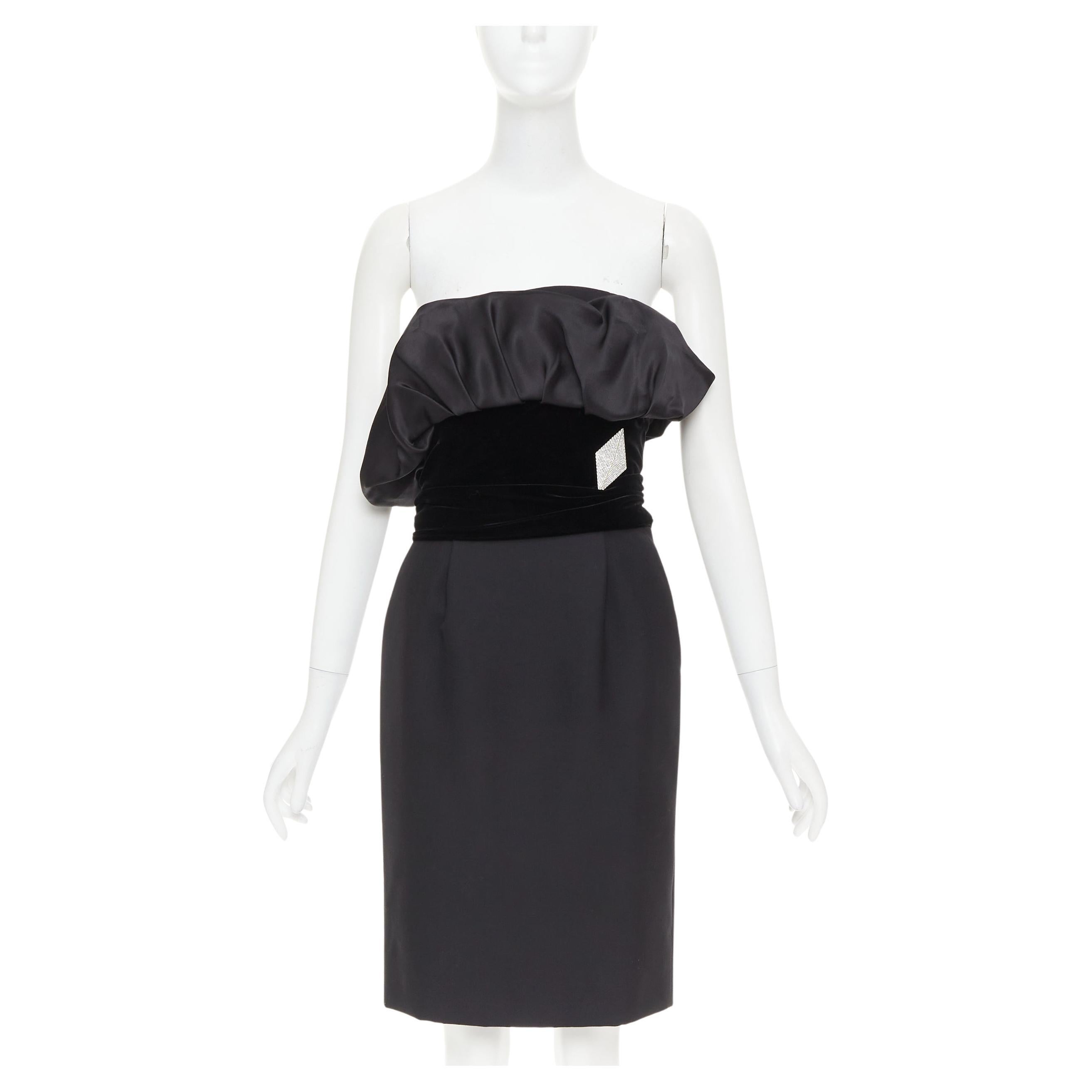 ALEXANDRE VAUTHIER black crystal pave brooch velvet belt satin strapless dress For Sale