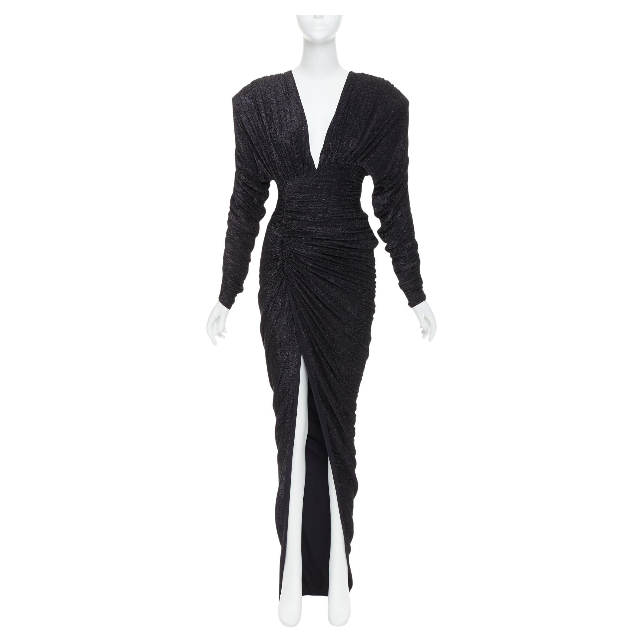 ALEXANDRE VAUTHIER black metallic lurex Power shoulder padded draped slit gown For Sale