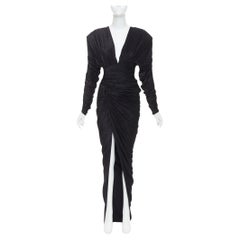 ALEXANDRE VAUTHIER black metallic lurex Power shoulder padded draped slit gown