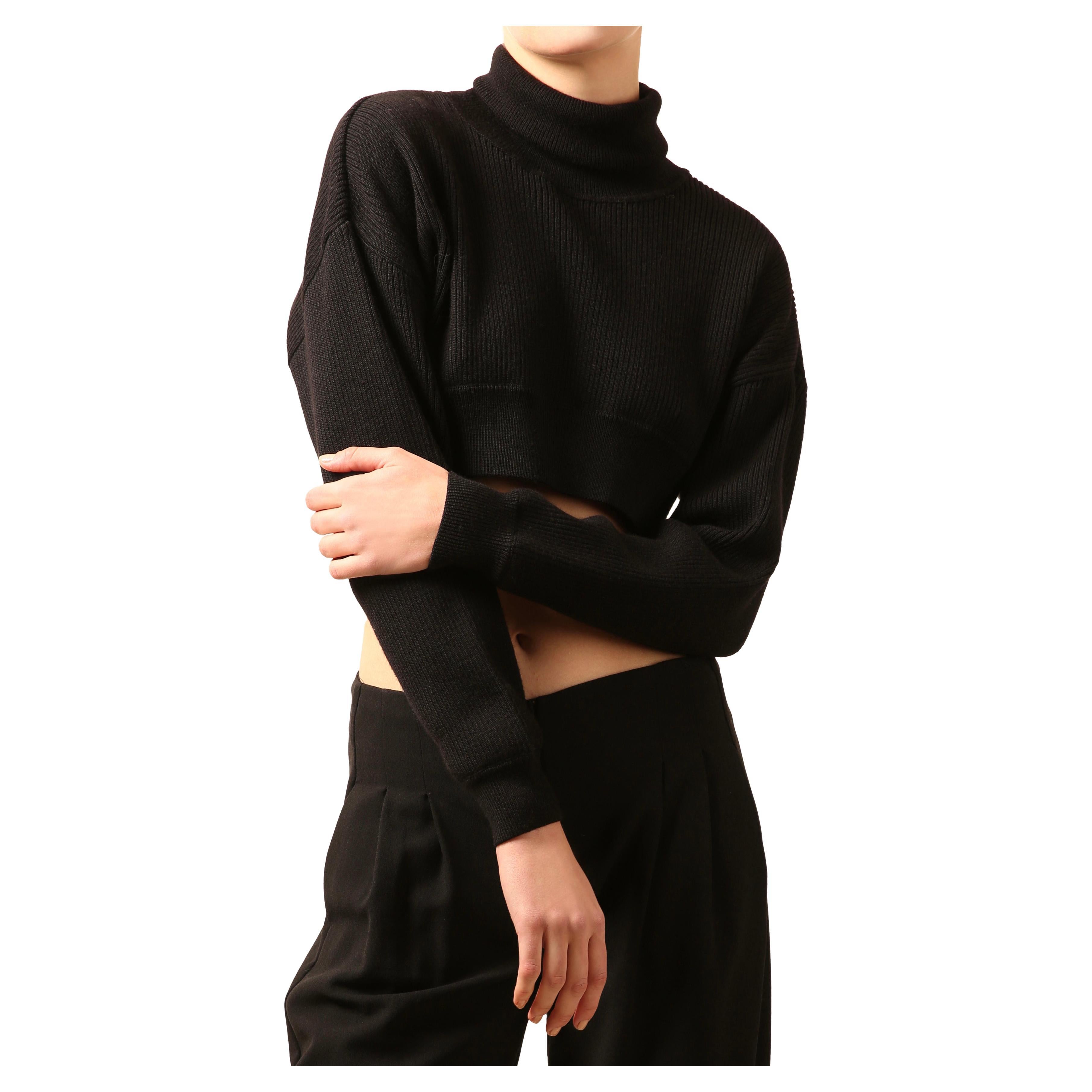 Alexandre Vauthier black ribbed cropped turtle roll neck oversized wool sweater For Sale