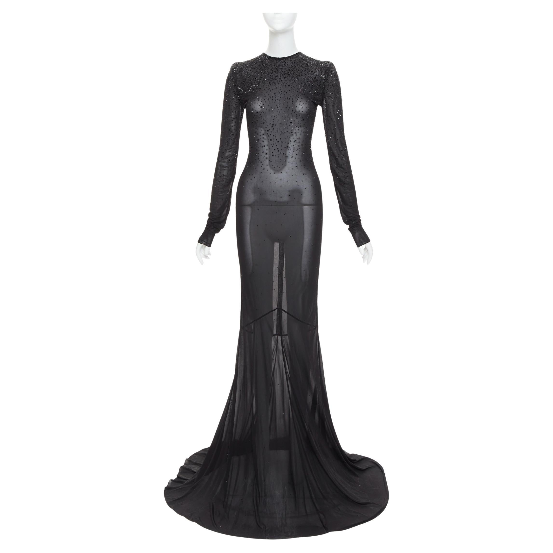 ALEXANDRE VAUTHIER black sheer degrade crystal long sleeve long train gown dress