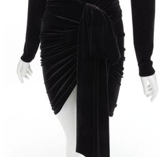 ALEXANDRE VAUTHIER black velvet plunge neck wrap bow draped mini dress FR34 XS