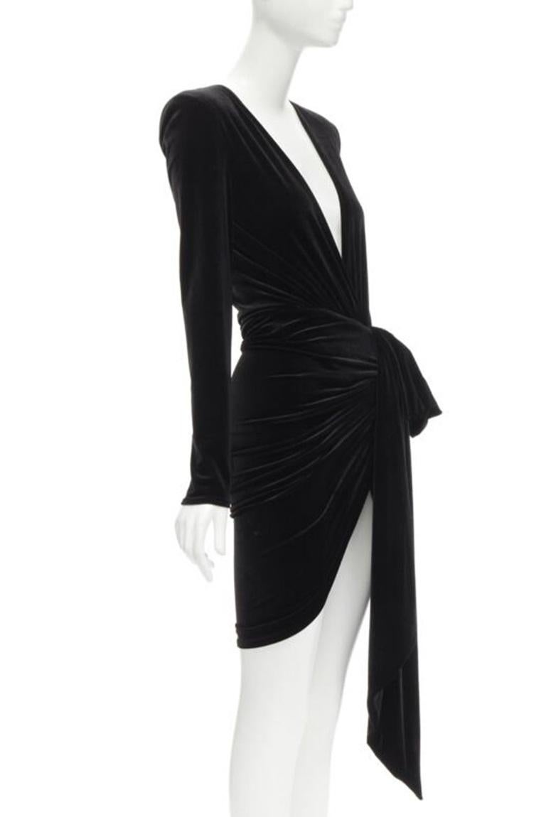 Black ALEXANDRE VAUTHIER black velvet plunge neck wrap bow draped mini dress FR34 XS For Sale