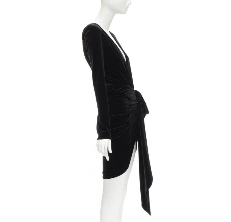 ALEXANDRE VAUTHIER black velvet plunge neck wrap bow draped mini dress FR34 XS In Excellent Condition For Sale In Hong Kong, NT
