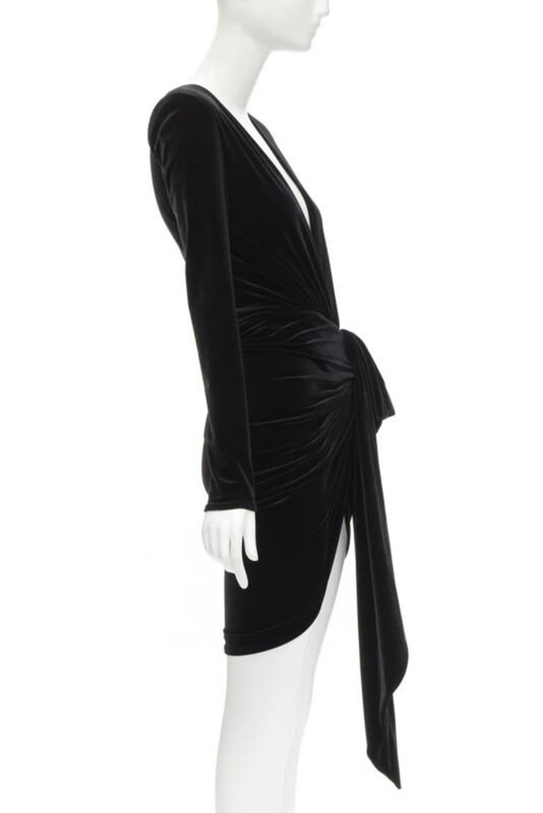 ALEXANDRE VAUTHIER black velvet plunge neck wrap bow draped mini dress FR34 XS In Excellent Condition For Sale In Hong Kong, NT