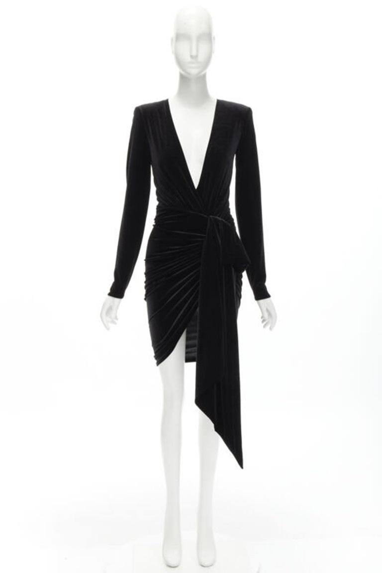 ALEXANDRE VAUTHIER black velvet plunge neck wrap bow draped mini dress FR34 XS For Sale 4