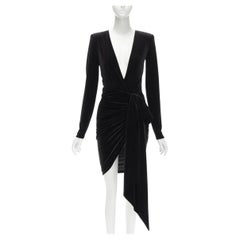 ALEXANDRE VAUTHIER black velvet plunge neck wrap bow draped mini dress FR34 XS