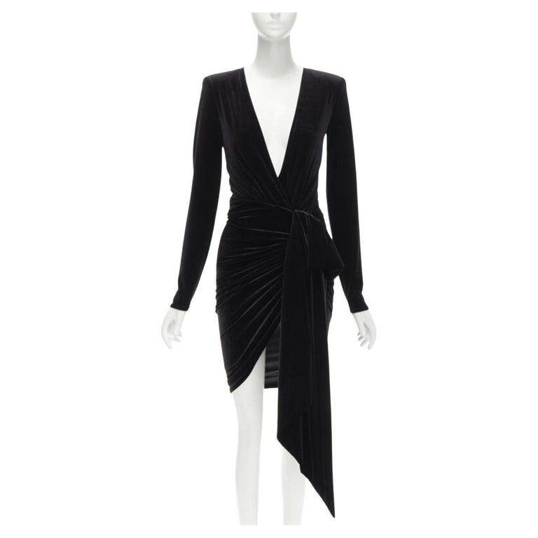 Alexandre Vauthier Black Velvet Plunge Neck Wrap Bow Draped Mini Dress Fr34 Xs