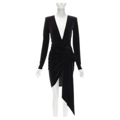 ALEXANDRE VAUTHIER black velvet plunge neck wrap bow draped mini dress FR34 XS