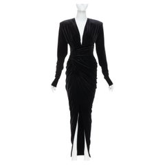 ALEXANDRE VAUTHIER black velvet Power shoulder padded wrap drape slit gown dress