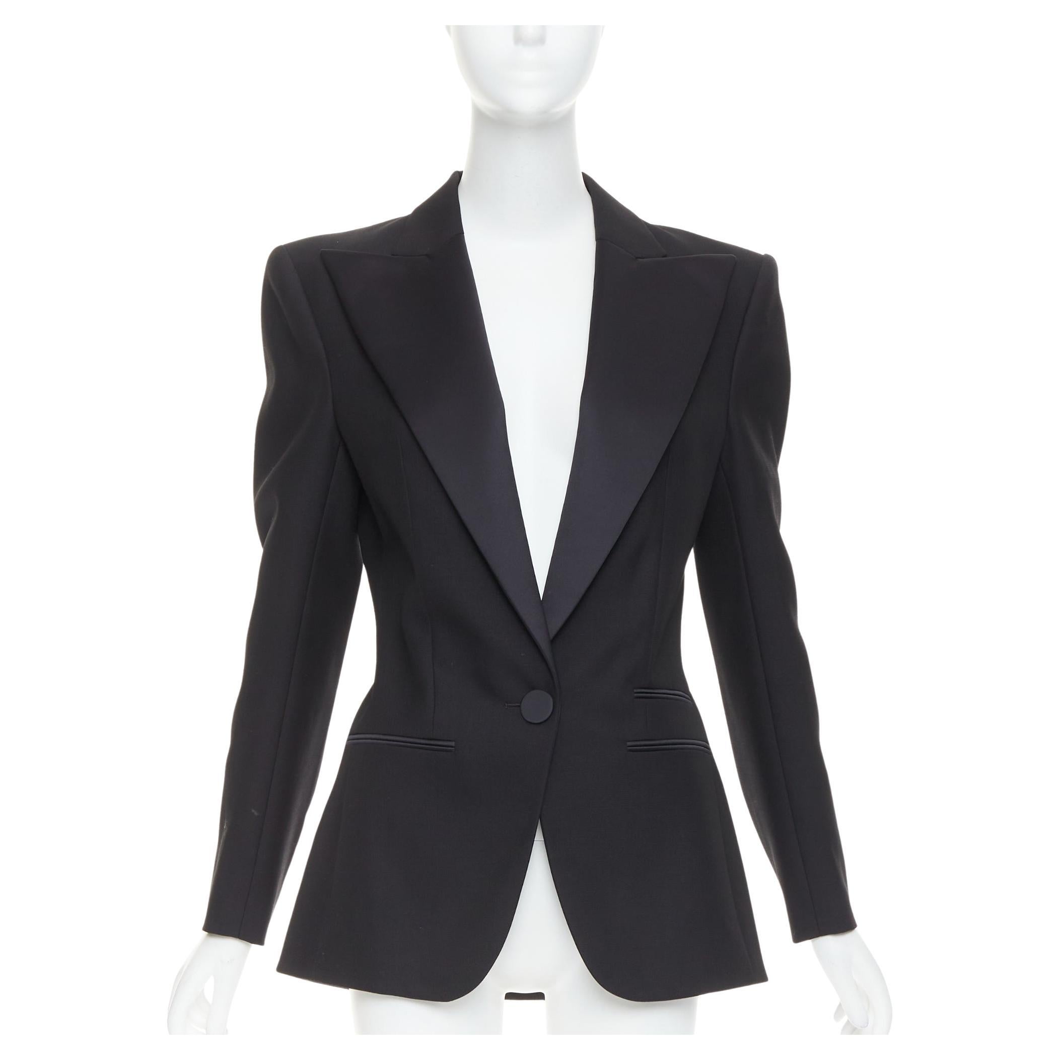 ALEXANDRE VAUTHIER Einreihiger Smoking-Blazer aus schwarzem Wollsatin mit Spitzenrevers