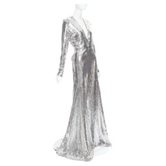ALEXANDRE VAUTHIER COUTURE Runway metallic silver sequin plunge neck gown dress