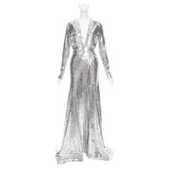 ALEXANDRE VAUTHIER COUTURE Runway metallic silver sequin plunge neck gown dress