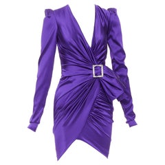 ALEXANDRE VAUTHIER crystal buckle draped silk satin charmeuse mini dress FR34 XS