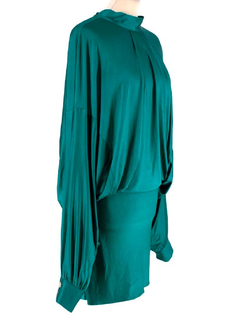 Alexandre Vauthier Deep Green Liquid Jersey Batwing Sleeve Dress
 

 - Jewel-tone green colour, rendered in fluid, liquid like jersey
 - High neck with self-tie at the nape, with exposed crossover back
 - Slinkly column silhouette, with blouson top,