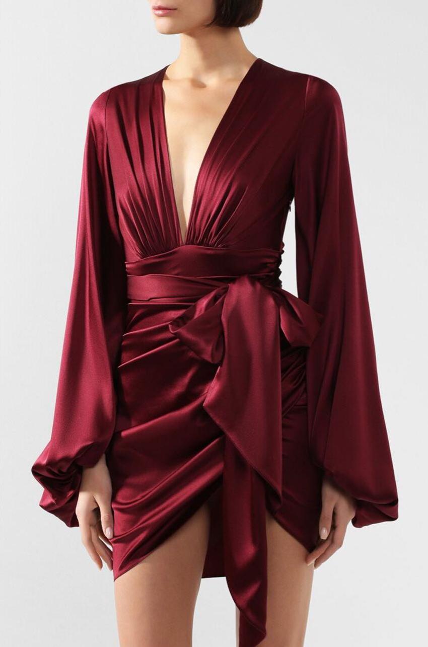 Red ALEXANDRE VAUTHIER DRAPED V Neck STRETCH SATIN MINI Dress In Bordeaux Size EU 40