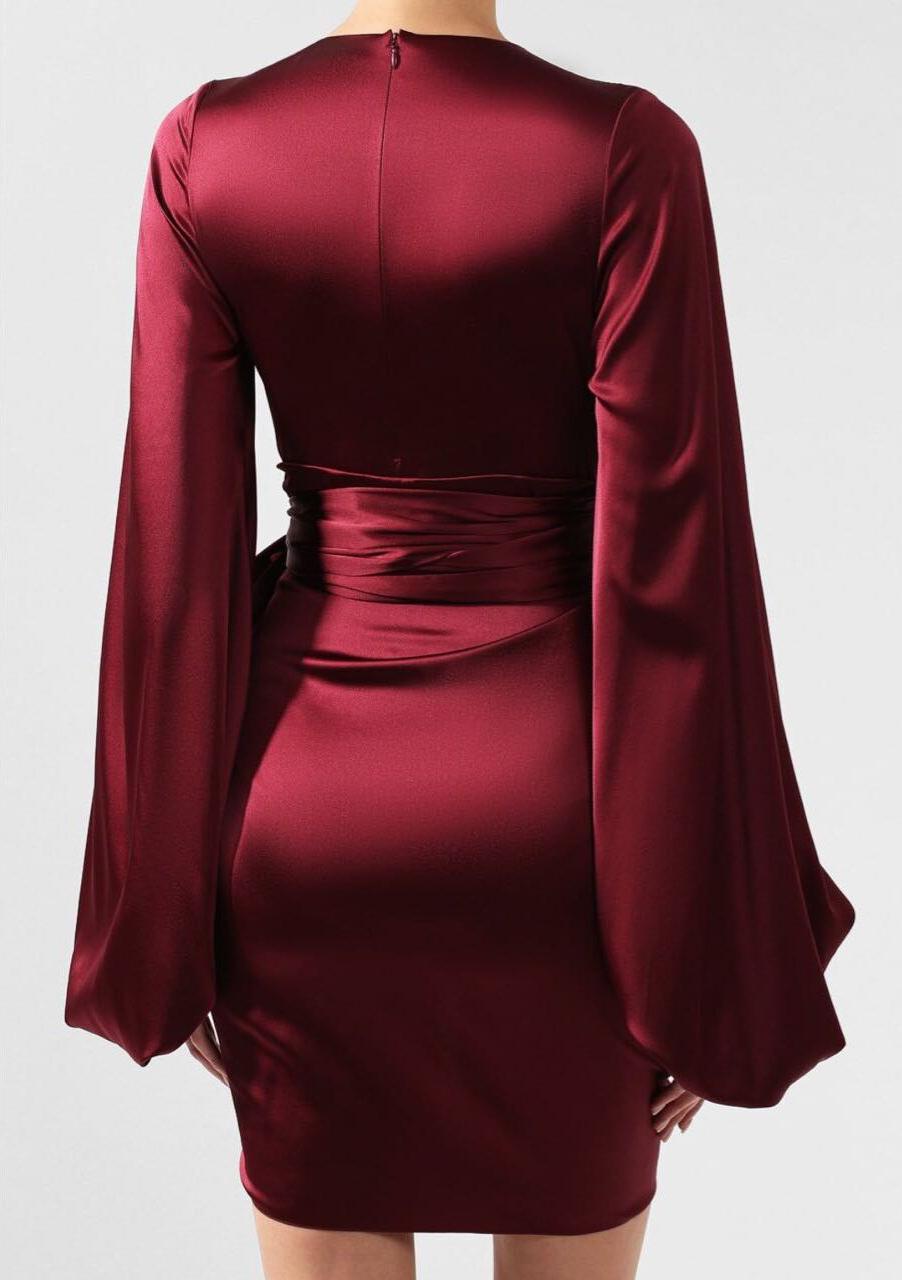 ALEXANDRE VAUTHIER DRAPED V Neck STRETCH SATIN MINI Dress In Bordeaux Size EU 40 In Excellent Condition In Montgomery, TX