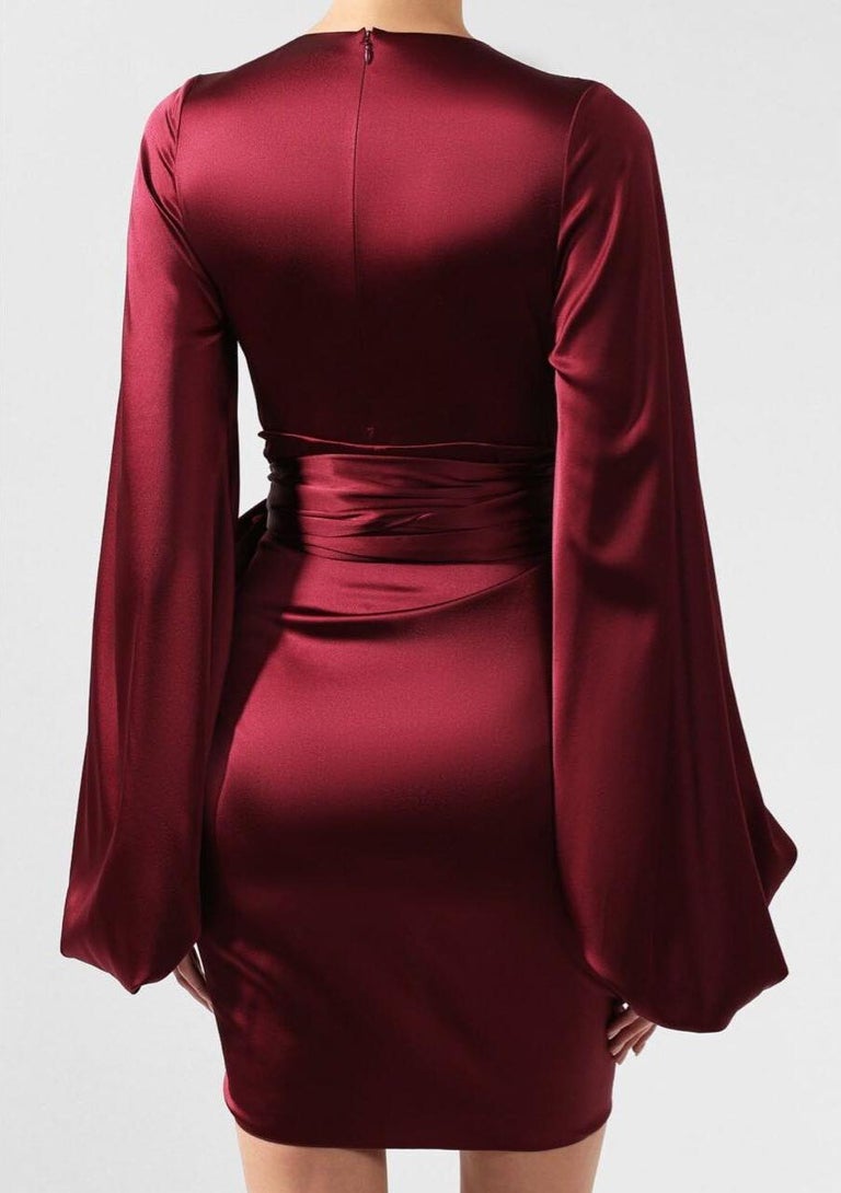 alexandre vauthier burgundy dress ALEXANDRE VAUTHIER DRAPED V Neck STRETCH SATIN MINI Dress In Bordeaux Size EU 40 at 1stDibs