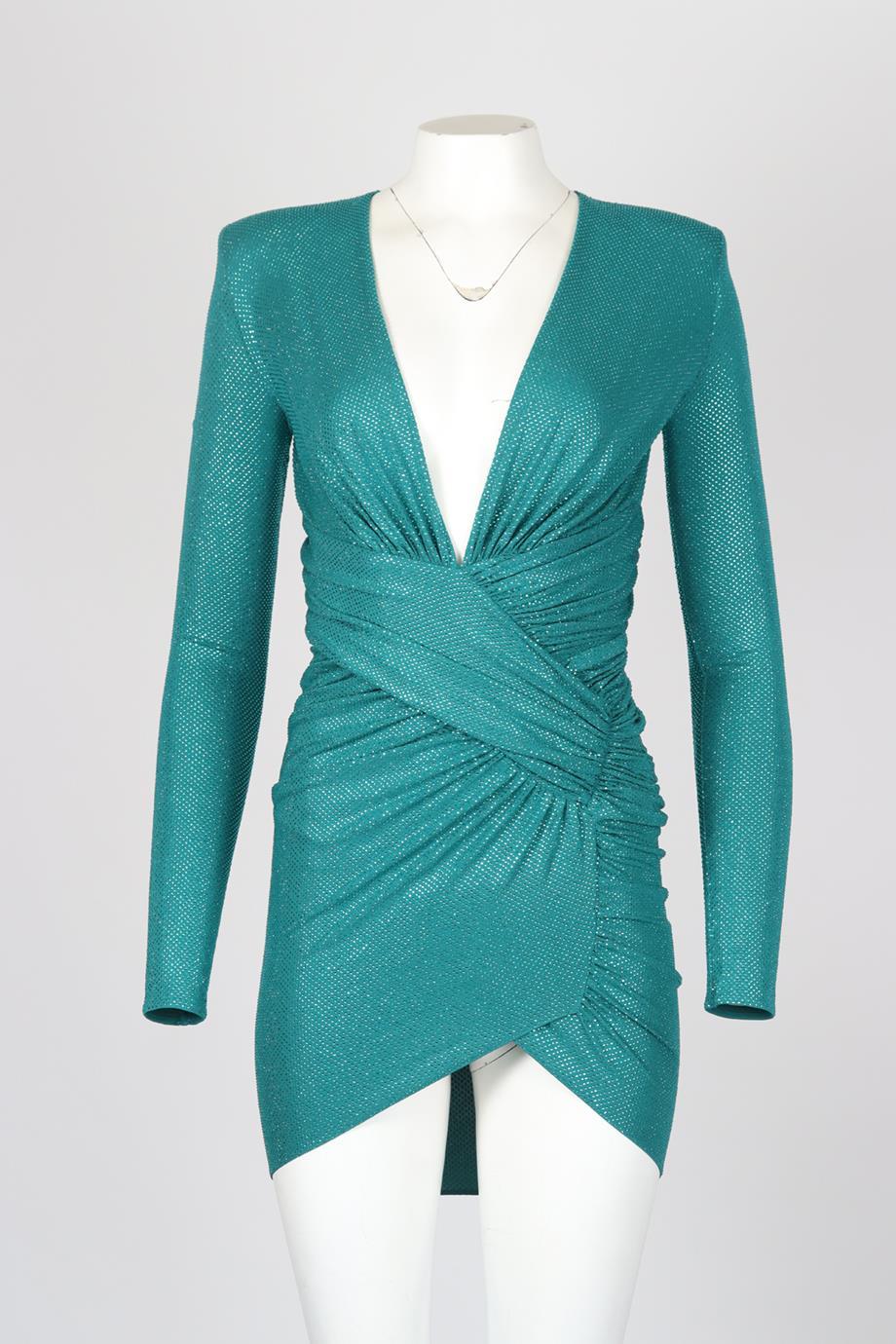 Alexandre Vauthier Embellished Stretch Jersey Mini Dress. Green. Long Sleeve. V-Neck. Slips on. 92% Viscose, 8% elastane. FR 34 (UK 6, US 2, IT 38). Bust: 29.7 in. Waist: 21.2 in. Hips: 25.3 in. Length: 31.7 in. Condition: Used. Very good condition