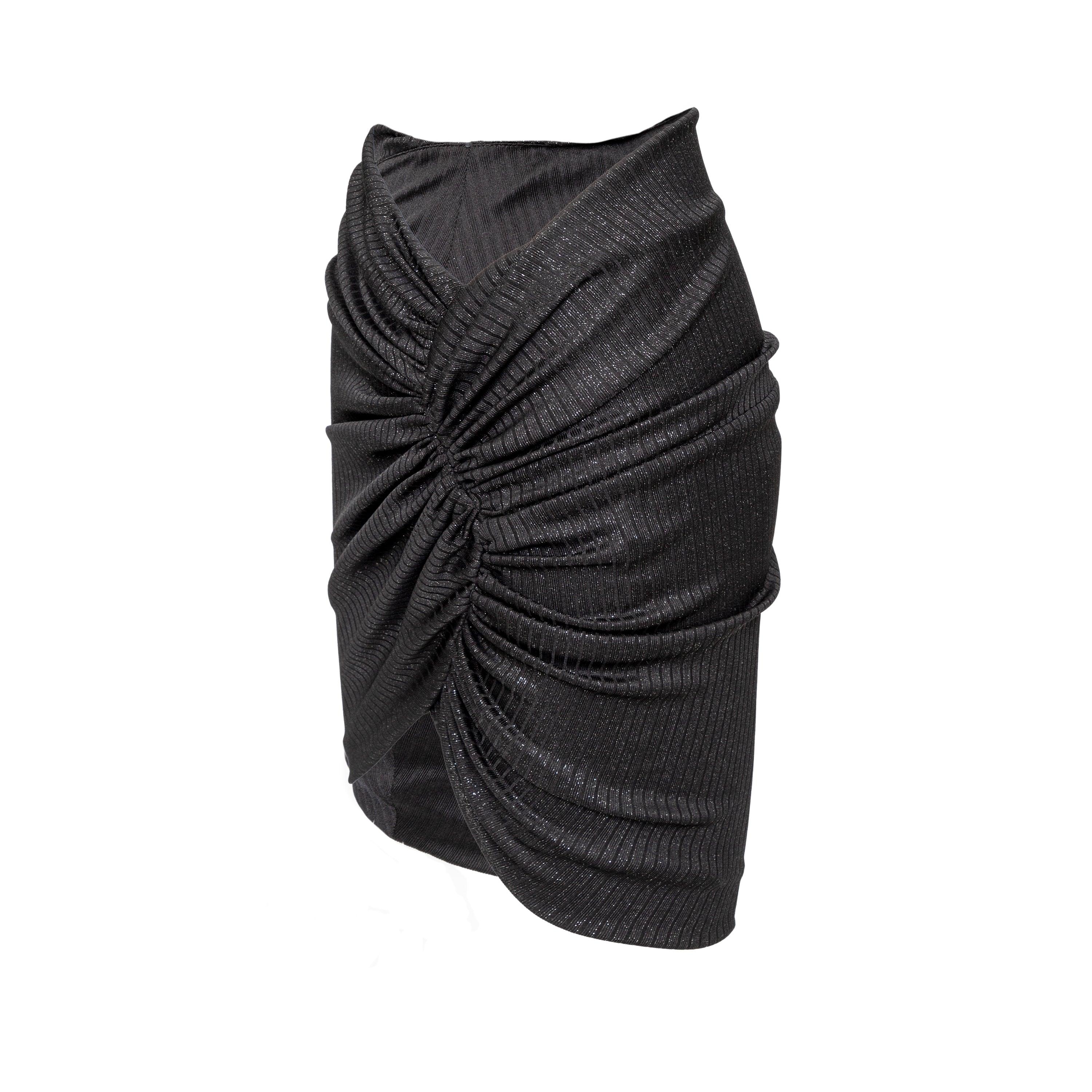 This Alexandre Vauthier Glitter Mini Skirt is made of a polyester and elastane blend, crafted to be stretchy and comfortable. This mini skirt features cinched ruches on the side and glitter stripe accents for added flair. 
 Material: 94% Polyester