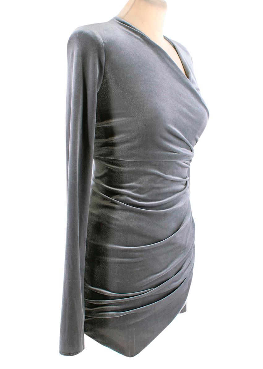 Alexandre Vauthier Grey Velvet Wrap Front Cocktail Dress
 

 - Steely, silver-grey velvet
 - Mock-wrap front with gathered waistline 
 - Lightly padded shoulder
 - Asymmetric hem
 - Micro mini length
 

 Materials 
 92% Polyester 
 8% Elastane 
 

