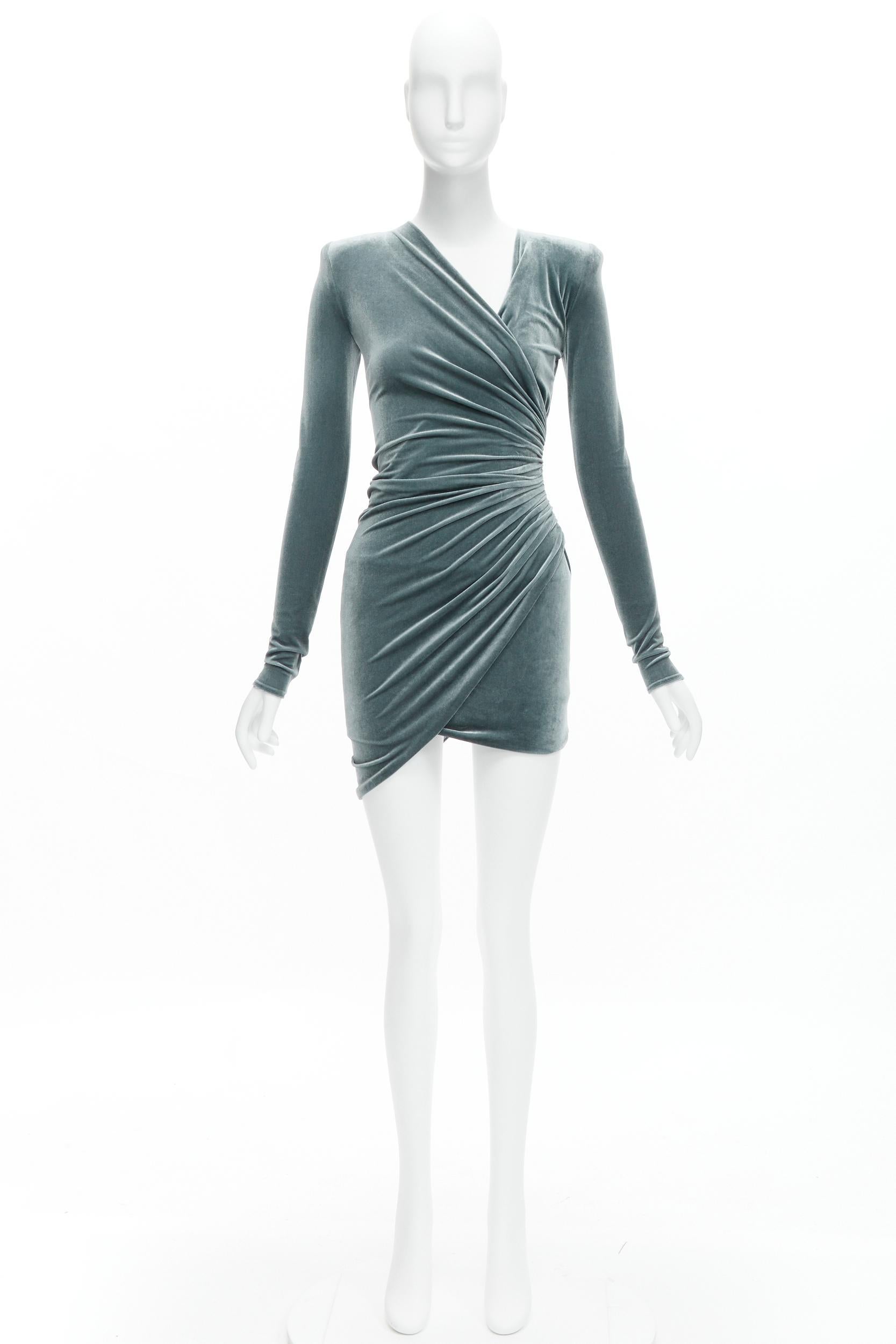 ALEXANDRE VAUTHIER grey wrap draped velvet V neck mini bodycon dress FR34 XS For Sale 6