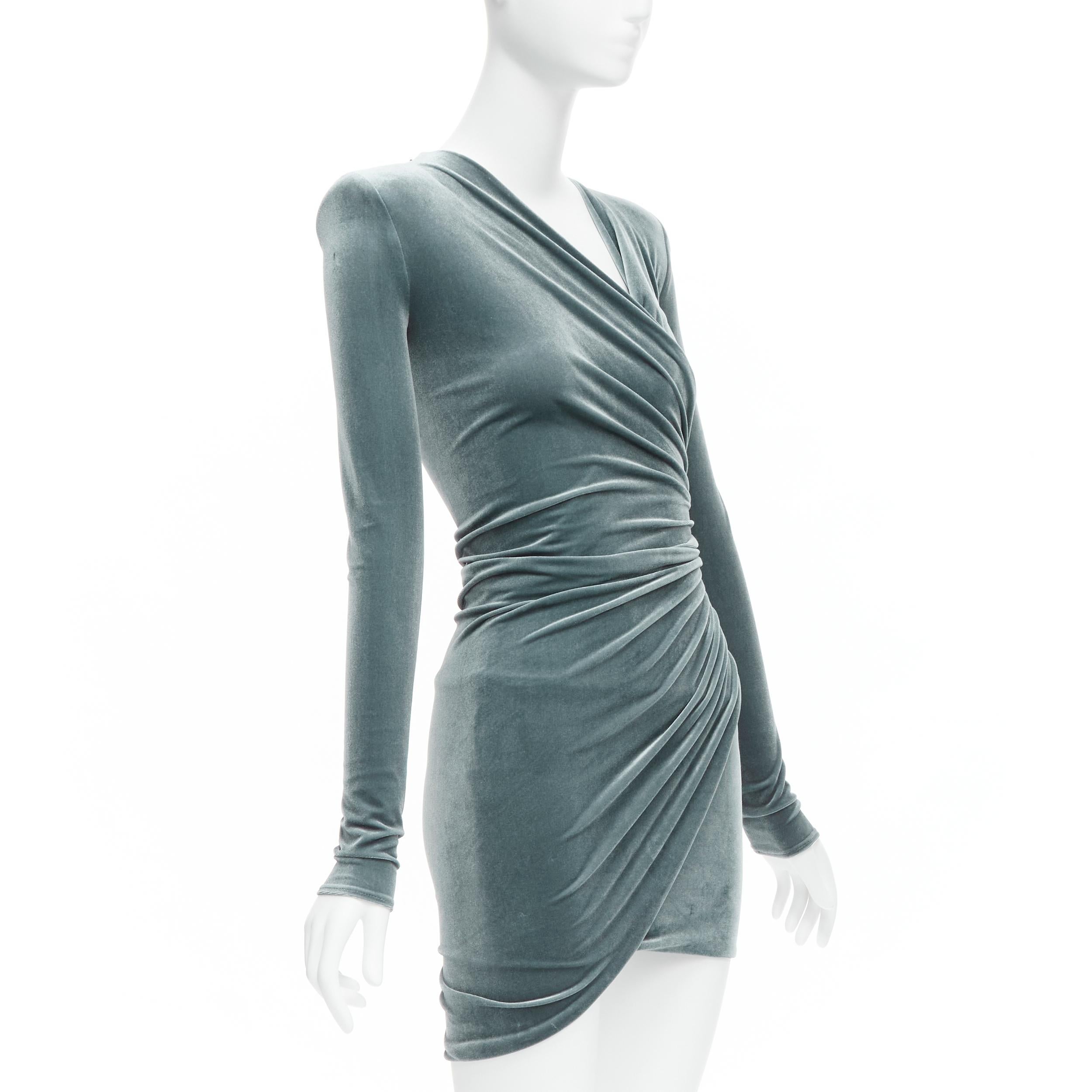 Gray ALEXANDRE VAUTHIER grey wrap draped velvet V neck mini bodycon dress FR34 XS For Sale