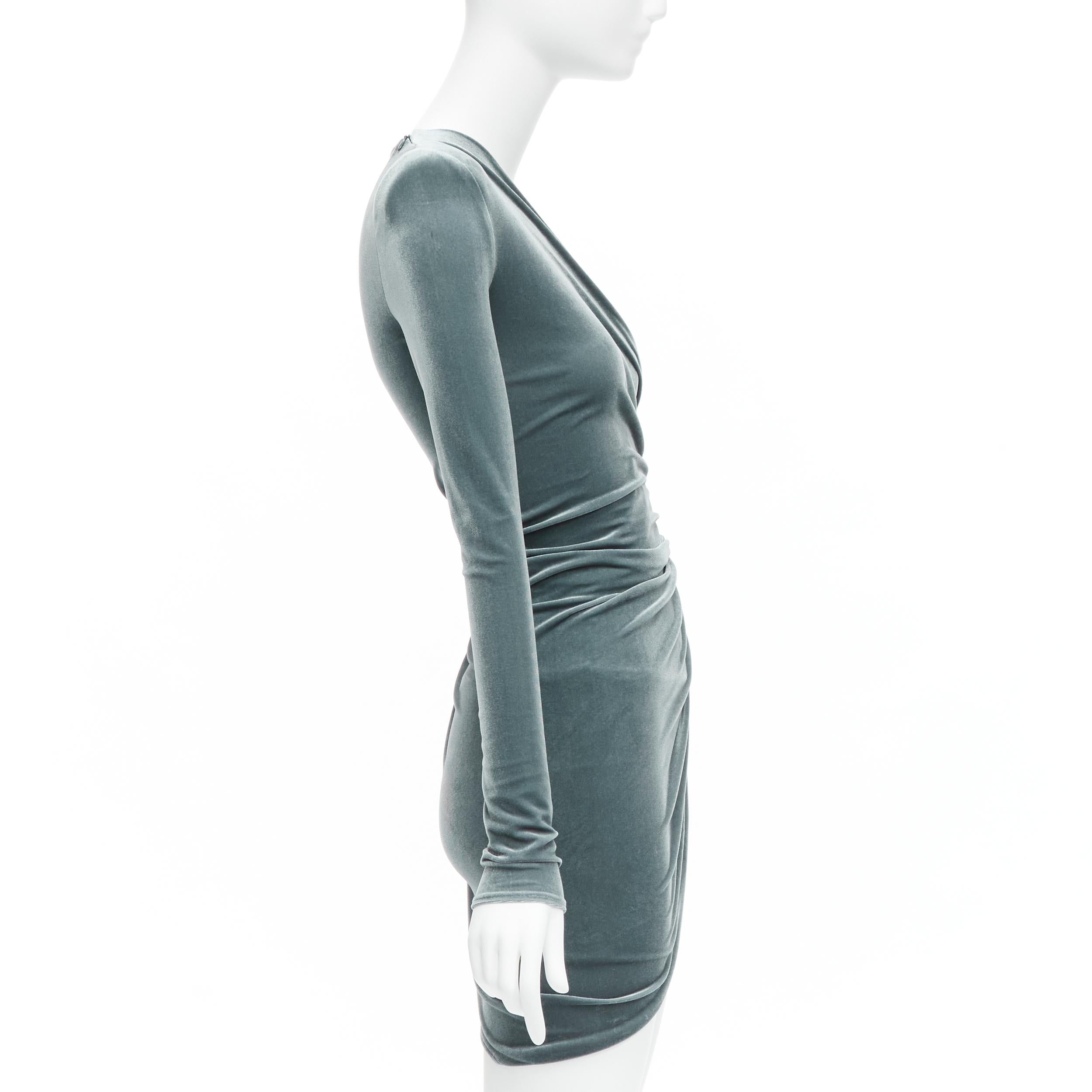 ALEXANDRE VAUTHIER grey wrap draped velvet V neck mini bodycon dress FR34 XS In Excellent Condition For Sale In Hong Kong, NT