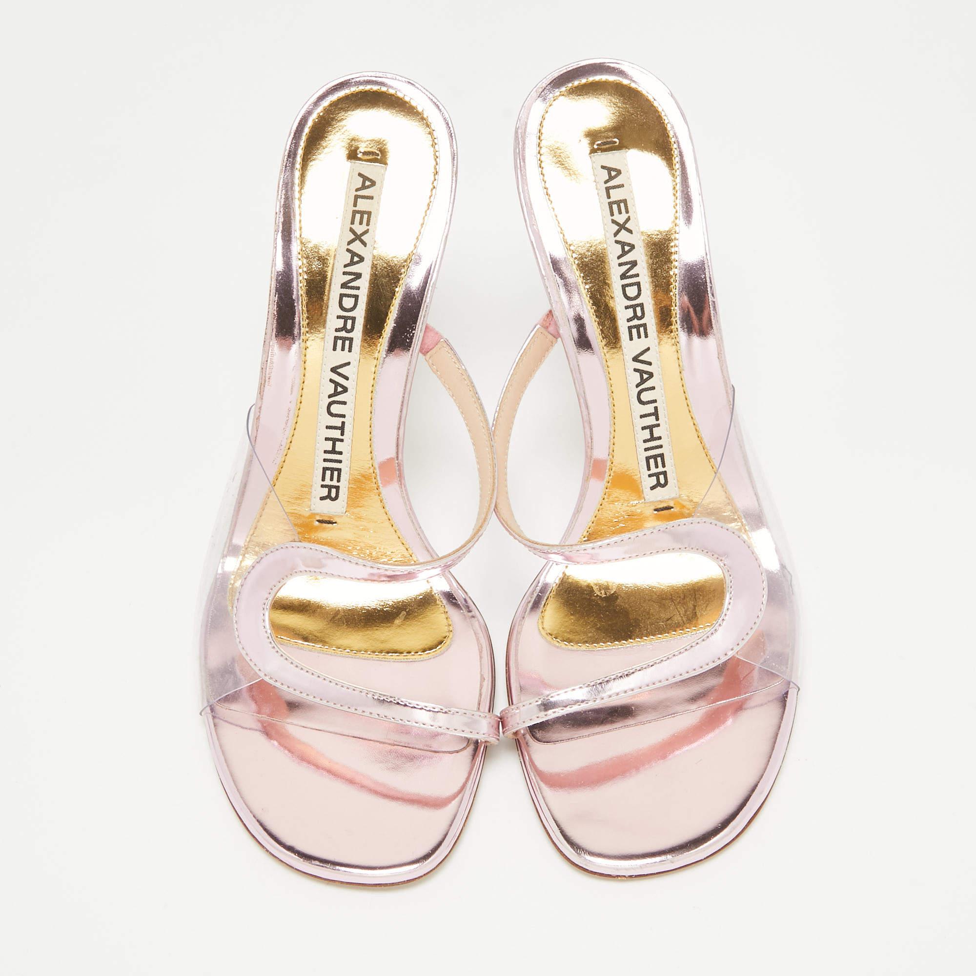 Beige Alexandre Vauthier Metallic Pink Leather Slide Sandals Size 37