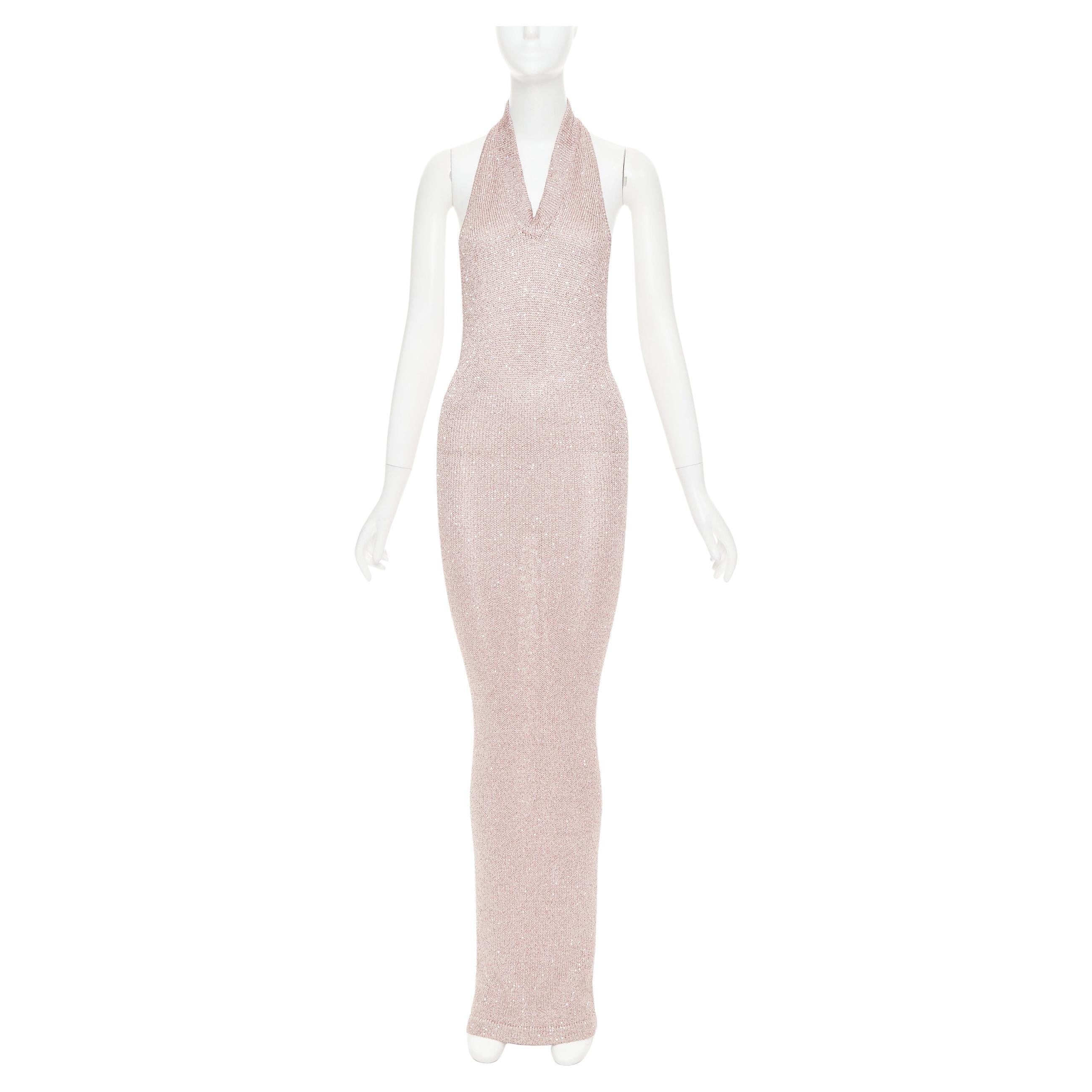 ALEXANDRE VAUTHIER metallic pink sequinned knitted halter backless gown dress