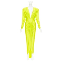 ALEXANDRE VAUTHIER neon yellow viscose Power shoulder plunge drape dress